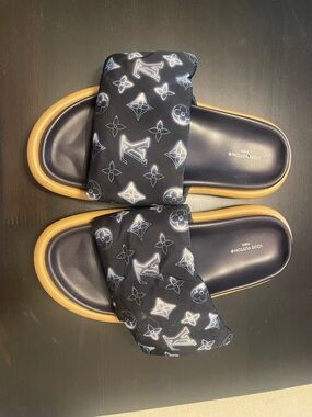 Louis Vuitton Black Monogram Padded Slide Sandals with Tan Trim